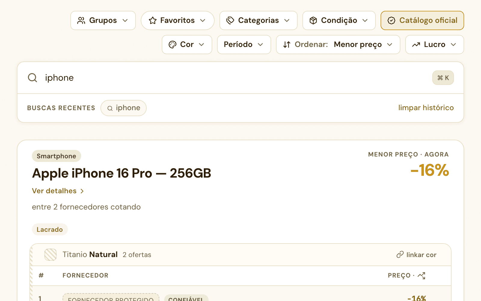 Catálogo oficial em modo sigilo, com fornecedor protegido e preço em variação percentual